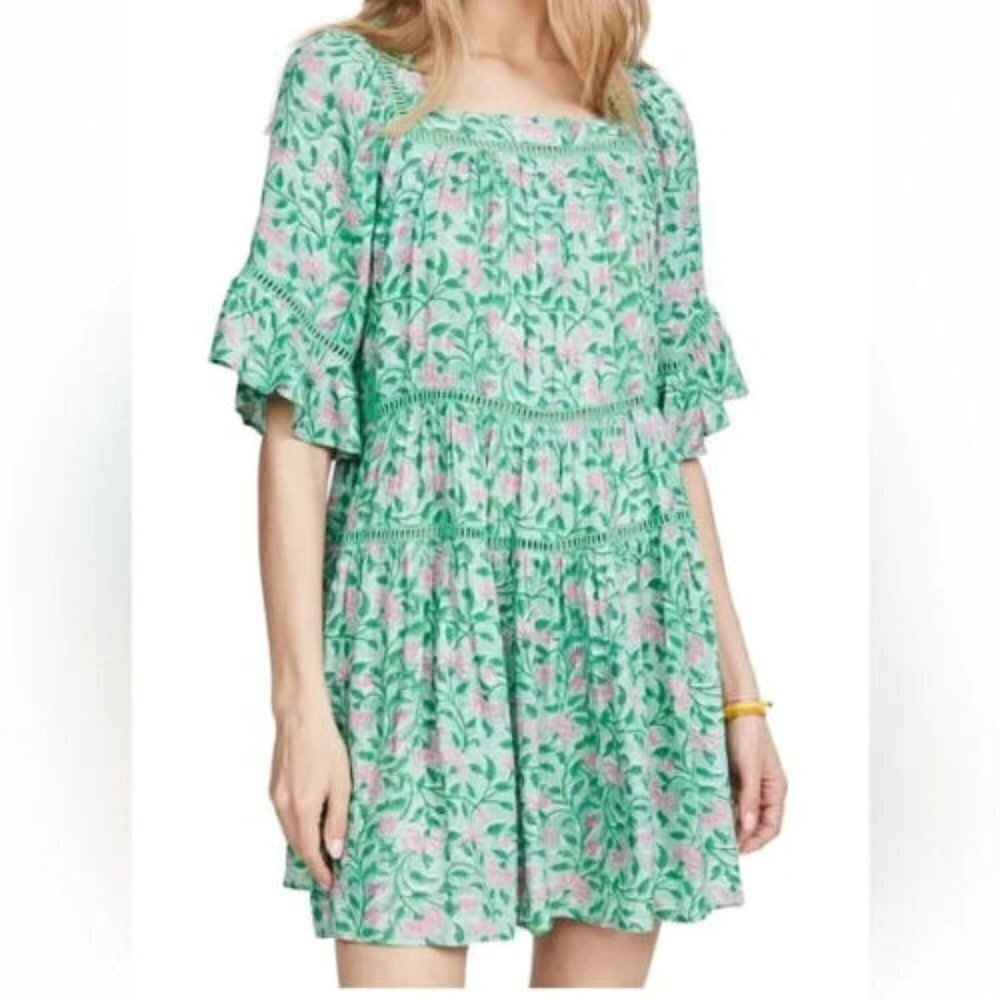 Kos Resort Tiered Green Floral Ruffle Mini Dress XS Resortwear Bohemian